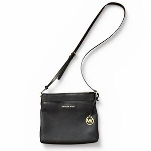 Michael Kors Black Pebbled Leather Crossbody Bag Gold MK Charm Adjustable Strap